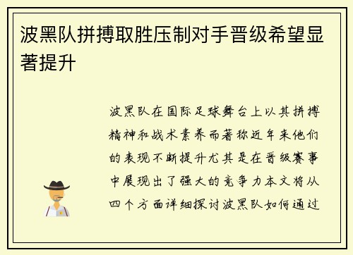 波黑队拼搏取胜压制对手晋级希望显著提升