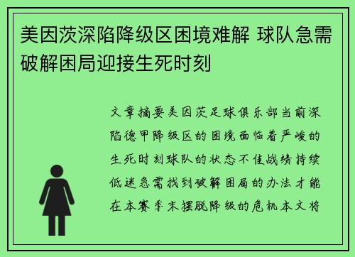 美因茨深陷降级区困境难解 球队急需破解困局迎接生死时刻
