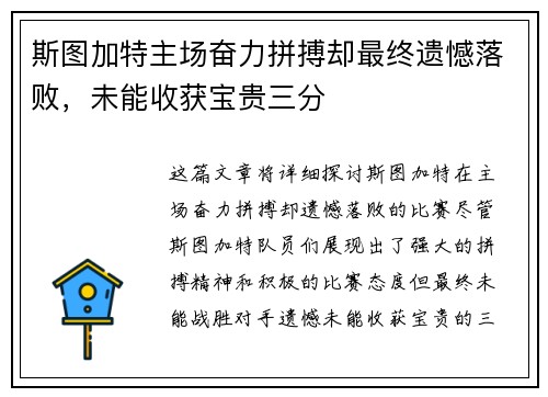 斯图加特主场奋力拼搏却最终遗憾落败，未能收获宝贵三分