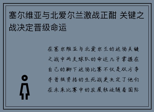 塞尔维亚与北爱尔兰激战正酣 关键之战决定晋级命运