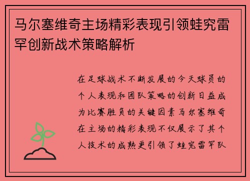 马尔塞维奇主场精彩表现引领蛙究雷罕创新战术策略解析