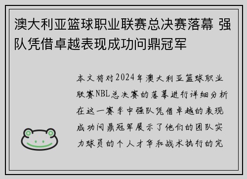 澳大利亚篮球职业联赛总决赛落幕 强队凭借卓越表现成功问鼎冠军
