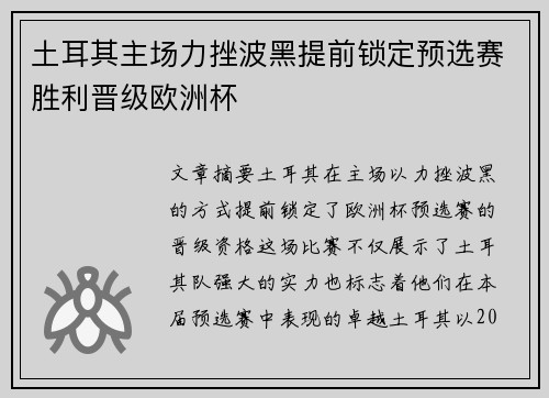 土耳其主场力挫波黑提前锁定预选赛胜利晋级欧洲杯