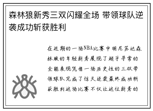 森林狼新秀三双闪耀全场 带领球队逆袭成功斩获胜利