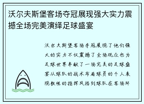 沃尔夫斯堡客场夺冠展现强大实力震撼全场完美演绎足球盛宴