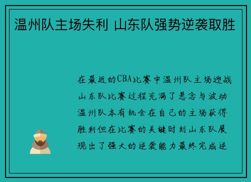 温州队主场失利 山东队强势逆袭取胜