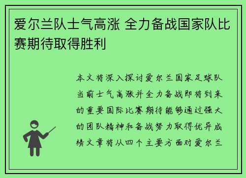 爱尔兰队士气高涨 全力备战国家队比赛期待取得胜利