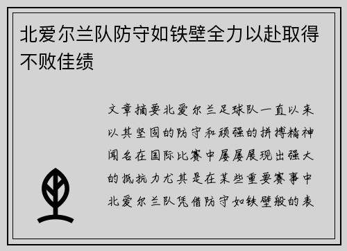 北爱尔兰队防守如铁壁全力以赴取得不败佳绩